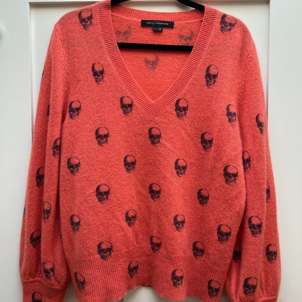 Skull Cashmere V-Neck Sweater | Orange/Printed | Large